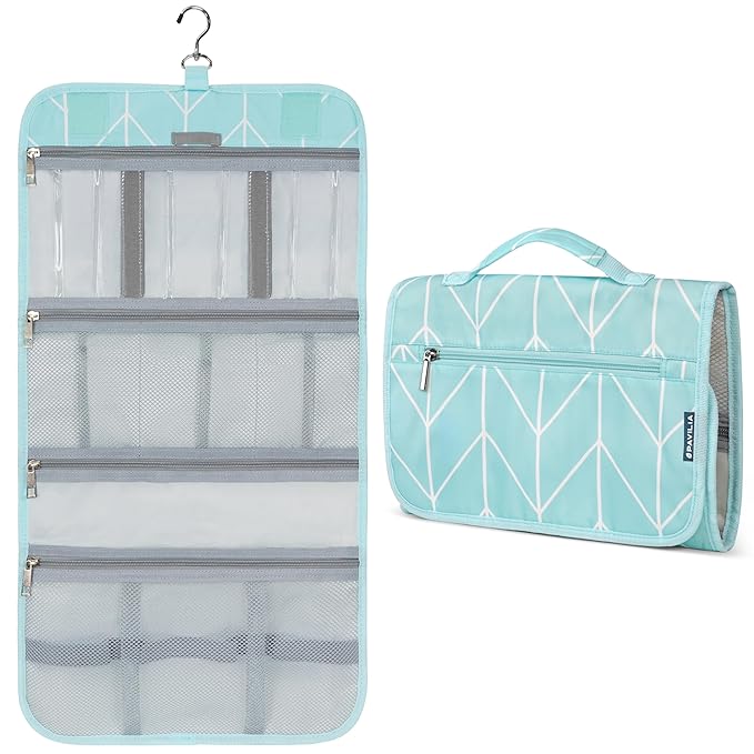 PAVILIA Hanging Toiletry Bag Women Men, Travel Kit Foldable Large Toiletries Organizer, Roll up Cosmetics Makeup Bag Accessories, Waterproof Essentials Jewelry Case (Teal Chevron)