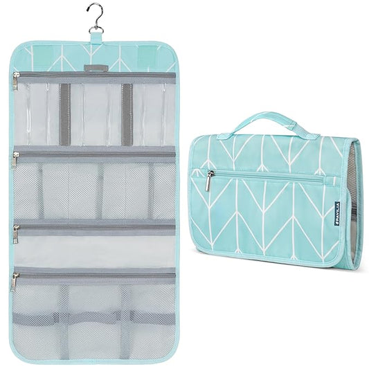 PAVILIA Hanging Toiletry Bag Women Men, Travel Kit Foldable Large Toiletries Organizer, Roll up Cosmetics Makeup Bag Accessories, Waterproof Essentials Jewelry Case (Teal Chevron)
