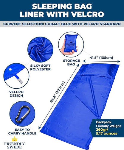 The Friendly Swede Sleeping Bag Liner Ultralight - Thin Travel Sheets for Hotel; Silky Feel Camping Sheets & Adult Sleep Sack for Backpacking and Hiking; Travel Sleeping Bag - Blue (Velcro)