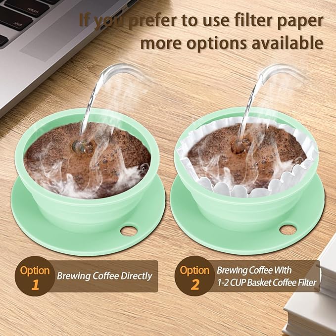 Collapsible Travel Pour Over Coffee Maker Camping, Paperless Silicone Collapsible Pour Over Coffee Dripper with Metal Coffee Filter, Portable Coffee Strainer Pour Over Cup Single Serve (Green)