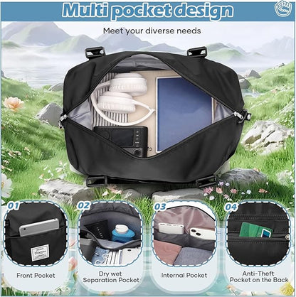 Small Black Gym Bag for Women, Stylish Duffle Travel Bag for Plane, Lightweight Duffle Bag for Women & Men, Sport Gym Tote Bag with Wet Pocket for Yoga, Pilates, Swimming