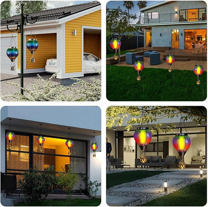 Solar Hot Air Balloon with Candle Holder - Waterproof Solar Lantern with Flickering Flame Metal & Glass Waterproof Lanterns for Garden Patio Pathway Yard Porch Decor Multi-Color