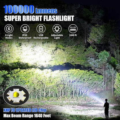 Foleto Rechargeable LED Flashlights High Lumens, 100000 Lumen Super Bright Flashlight, Powerful Tactical Handheld Flash Light, 5 Modes Zoomable Waterproof Flash Lights for Camping, Emergency