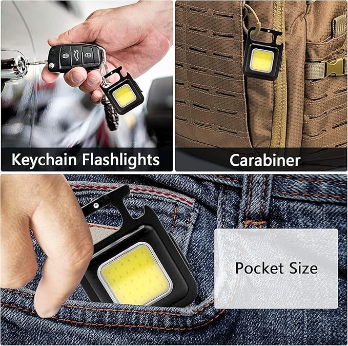 Cob Mini Keychain Flashlights 2000Lumen 7 Modes, Cob Light Rechagerable Light with Folding Bracket, Outdoor Flashlight as Bottle Opener and Magnet Base, Camping and Running (Traditional)