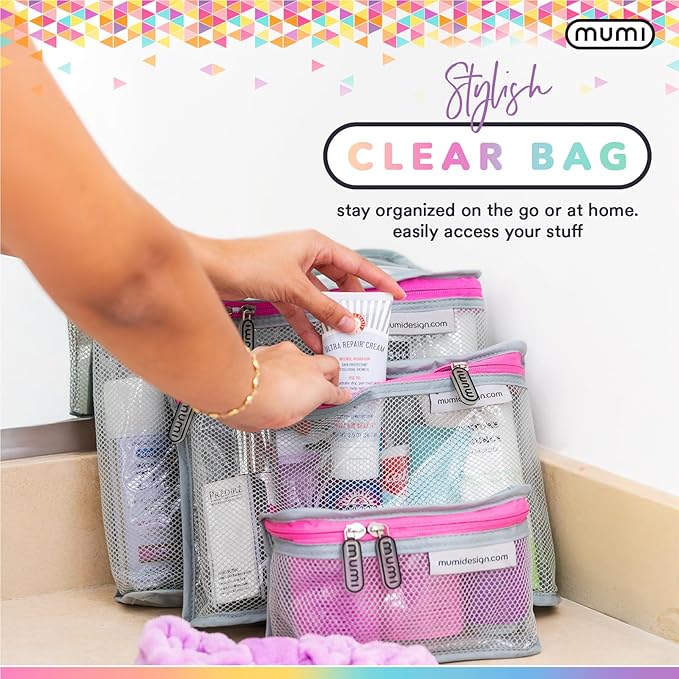 MUMI Travel Toiletry Bag Set of 3 – Clear TSA Approved Toiletry Bags for Women – Reusable Water-Resistant Makeup Organizer Pouches for Skincare, Cosmetics, Travel Accessories, Airport Packing - Blue
