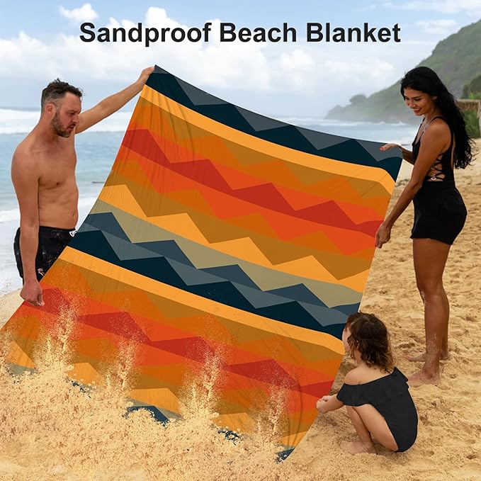 Beach Blanket Sandproof Waterproof, 78''×86'' Compact Lightweight Outdoor Mat Sand Free with 4 Stakes for 2-4 Adults, Large Foldable Picnic Pocket Blanket for Travel Camping, Hiking - Mirage Fortress