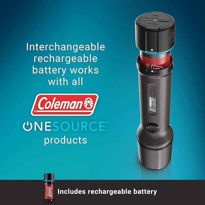 Coleman OneSource Rechargeable LED Flashlight, Water-Resistant Flashlight with OneSource Batteries Shines Up to 1000 Lumens, Rechargeable Heavy-Duty Flashlight for Camping, Emergencies, & Home Usage