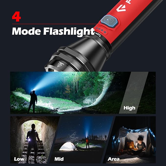 FORTO Flashlight 100000 High Lumens,Super Bright LED Rechargeable Flashlight,Zoomable,Waterproof,4 Modes Flash Light with Side Lights,Handheld Flashlights for Camping,Hiking,Emergency,Home,Red