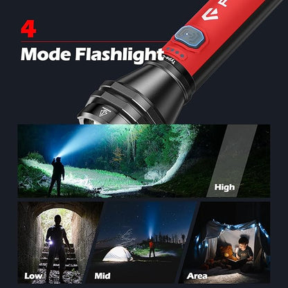 FORTO Flashlight 100000 High Lumens,Super Bright LED Rechargeable Flashlight,Zoomable,Waterproof,4 Modes Flash Light with Side Lights,Handheld Flashlights for Camping,Hiking,Emergency,Home,Red