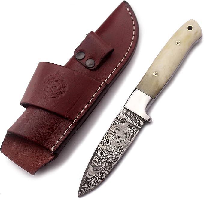 Handmade Damascus Steel Knife for Hunting,Survival,Camping,Bushcraft,and Fishing-Fixed Blade Dagger with Drop Point Full Tang-Micarta Handle with Cowhide Leather Sheath DCX 22 -250