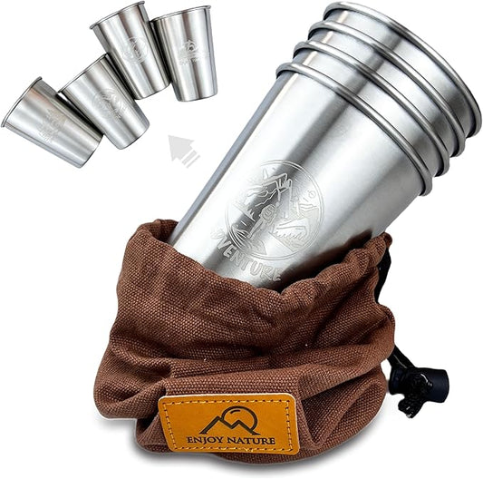 Camping Cup 16oz (4 Pack) Camping Gift for Him Father Stackable Metal Mug Pint Cup 18/8 Stainless Steel Cup for Outdoor Picnic Hiking Fishing Surfing Party Drinking Glasses (4 silver)