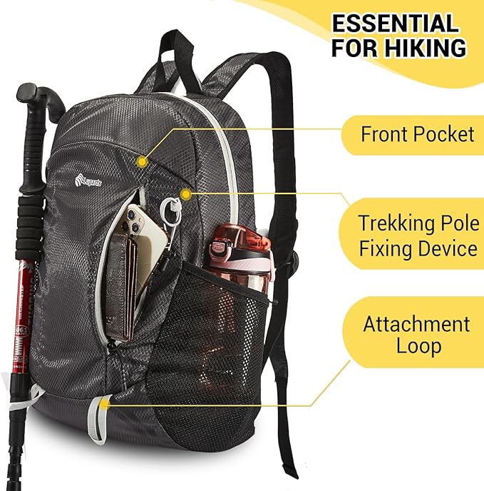 15L Highly Water-resistant Hiking Daypack, Small Backpack Travel Outdoor, Lightweight Day Pack with Tool Loops