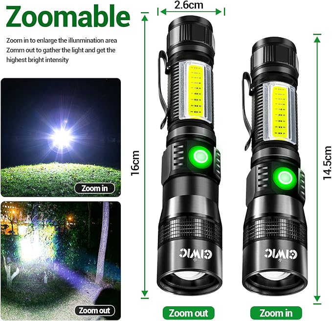 Rechargeable UV Flashlight, 3in1 Tactical Flashlight LED UV Black Light with Redlight, 1200 High Lumen Magnetic LED Flashlight with COB Sidelight, 7 Mode, Zoomable, Waterproof for Camping 2Pack