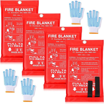 4 Sets Fire Blankets Emergency for Home Kitchen, Large Fiberglass Fire Suppression Blanket with Gloves Flame Retardant Survival Safety Blanket for Fireplace Office Warehouse Car Camping (79 x 79 Inch)