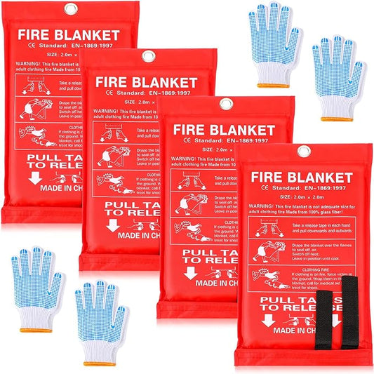 4 Sets Fire Blankets Emergency for Home Kitchen, Large Fiberglass Fire Suppression Blanket with Gloves Flame Retardant Survival Safety Blanket for Fireplace Office Warehouse Car Camping (79 x 79 Inch)