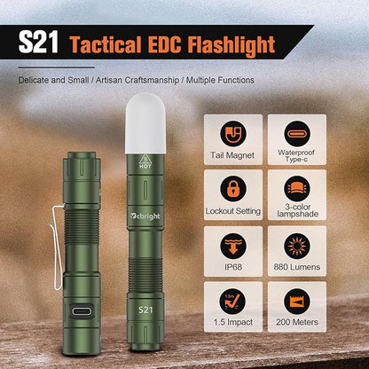 S21 AA Rechargeable Pocket Flashlight,880 High Lumen Mini Flashlight,Portable EDC Flashlight,for Everyday Use and Emergency Situations（Green）