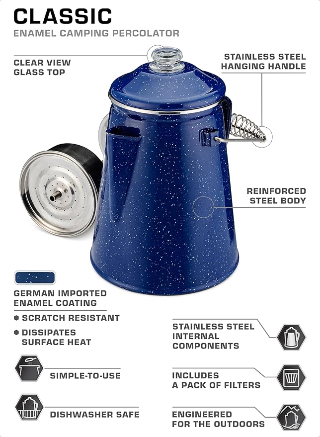 COLETTI Classic Percolator Coffee Pot — Camping Coffee Percolator, Campfire Coffee Pot – Camping Percolator for Groups — Brew for the Whole Campsite (Blue, 12 Cup)