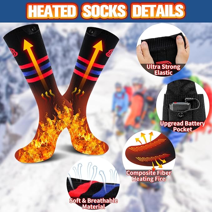 BIBURY Heated Socks for Men Women, Thermostatic Control Battery Powered Heating Socks Up to 8 H, 5000mAh Rechargeable Washable Electric Socks for Outdoor Winter Sports Camping, Skiing, Riding,Hunting