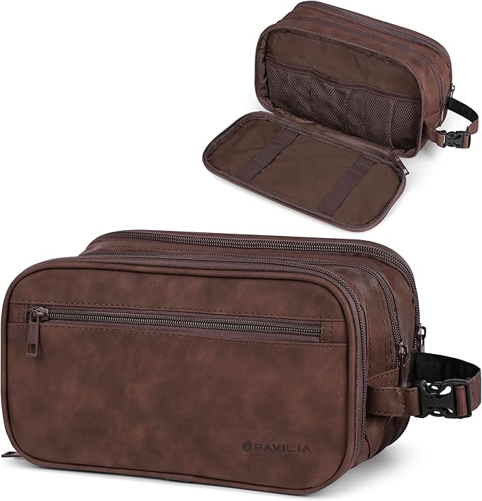 PAVILIA Toiletry Bag for Men, Travel Toiletries Bag | Water-resistant Dopp Kit, PU Leather Shaving Pouch Organizer for Accessories, Cosmetic, Hygiene, Grooming Essentials (Black)