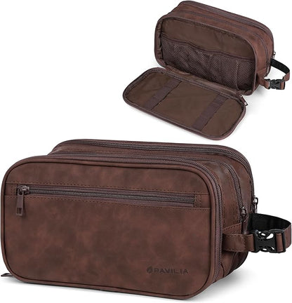 PAVILIA Toiletry Bag for Men, Travel Toiletries Bag | Water-resistant Dopp Kit, PU Leather Shaving Pouch Organizer for Accessories, Cosmetic, Hygiene, Grooming Essentials (Black)