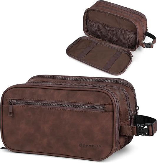 PAVILIA Toiletry Bag for Men, Travel Toiletries Bag | Water-resistant Dopp Kit, PU Leather Shaving Pouch Organizer for Accessories, Cosmetic, Hygiene, Grooming Essentials (Black)