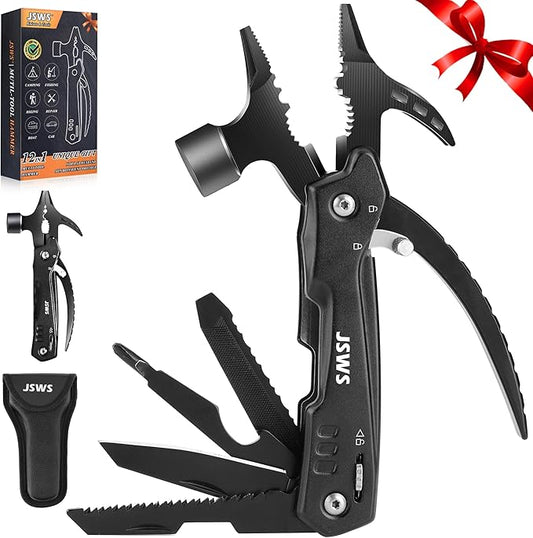 12-in-1 Multi-Tool Hammer Cool Gadgets Presents for Father Husband Grandpa Boyfriend Unique Gifts for Men & Women Multi tool Knife, Pliers, Safety Lock, Nylon Sheath Camping Essentials Mens Gift