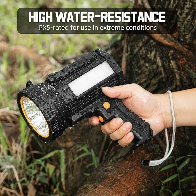 YIERBLUE Rechargeable Spotlight Flashlight with Solar Panels, 1000,000 High Lumen Outdoor Handheld Spot Lights and Flood Light, Foldable Stand and 3 Colors Lenses for Boating Hunting and Camping