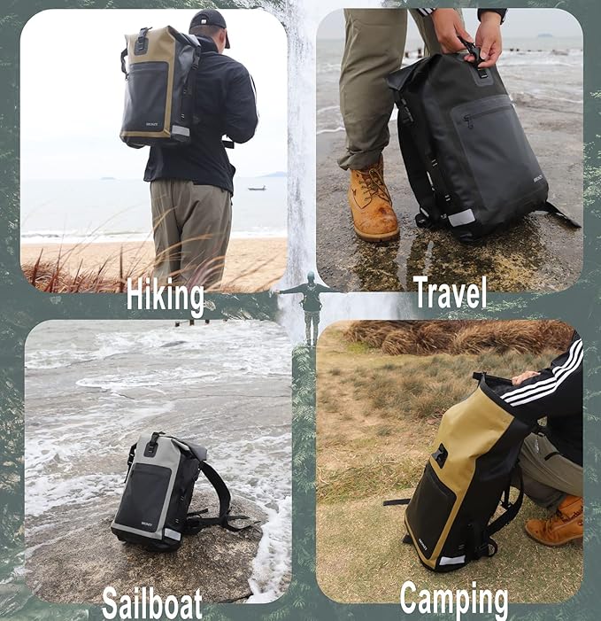 BRONZY Waterproof Backpack Dry Bag 30L Roll Top Closure With Front Zippered Pocket Heavy Duty Breathable Foam Padded Backing For Kayaking Camping Boating Hiking Beach (Khaki)