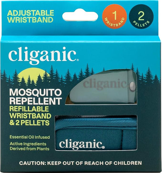 Cliganic Mosquito Repellent Pack (Wristband + 2 Refill Pellets) - Adjustable, Natural DEET-Free, Essential Oil Infused
