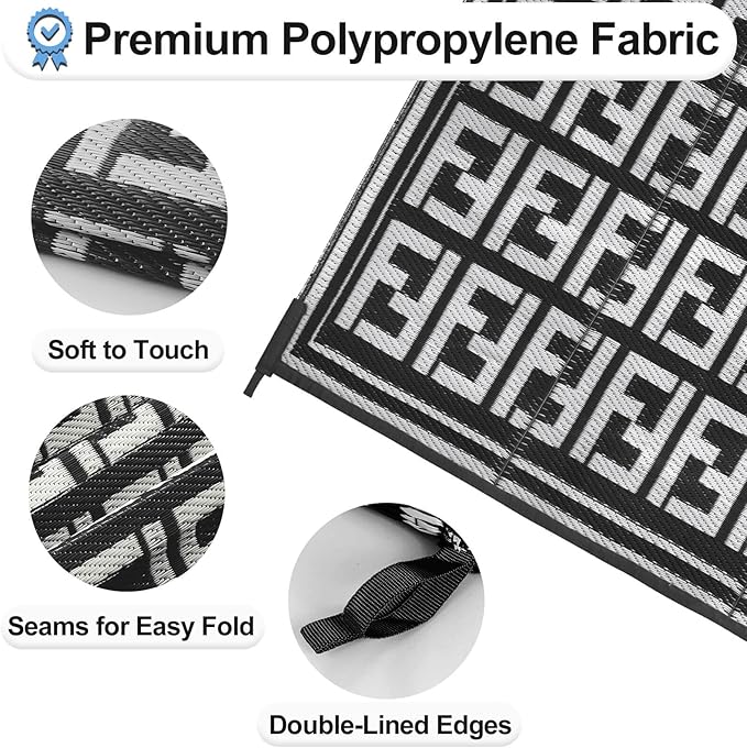 OutdoorLines Outdoor Plastic Area Rugs for Patio 4x6 ft - Reversible Outside Carpet, Stain & UV Resistant RV Mats, Straw Rug for Camping, Deck Garden, Porch and Balcony, Geometry Black & Light Grey