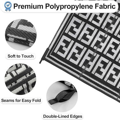 OutdoorLines Outdoor Plastic Area Rugs for Patio 4x6 ft - Reversible Outside Carpet, Stain & UV Resistant RV Mats, Straw Rug for Camping, Deck Garden, Porch and Balcony, Geometry Black & Light Grey