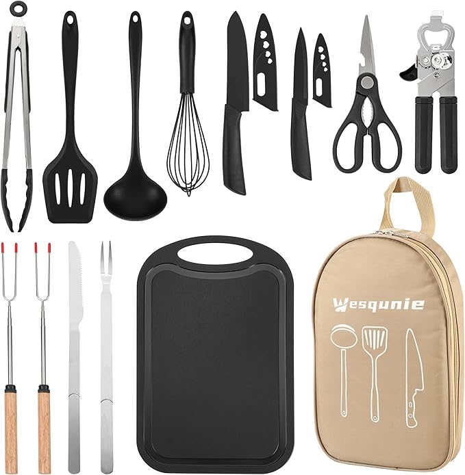 Camping Essentials Cookware Cooking Utensils Set - Camping Kitchen Utensils, Portable Outdoor Accessories, Stainless Steel & Silicone, Camping Gear Equipment for RV Picnic Grill