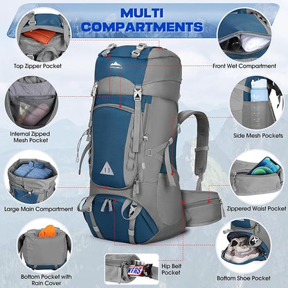 IGOLUMON 60L Hiking Backpack Waterproof Camping Backpack with Rain Cover Large Lightweight Backpacking Backpack for Men Women