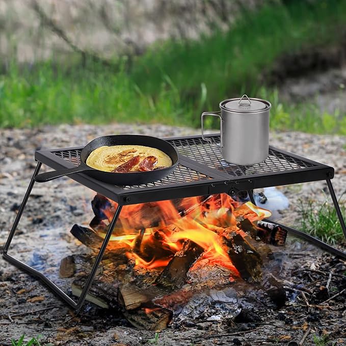REDCAMP Folding Campfire Grill Heavy Duty Steel Grate, Portable Camp Fire Cooking Rack Over Fire Pit with Carrying Bag for Outdoor BBQ Camping