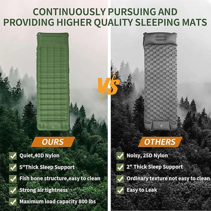 Sleeping Pad for Camping,5" Ultra-Thick Camping Mattress with Pillow Built-in Foot Pump, Self Inflating Camping pad for Backpacking, Car Camping, Hiking, Tent(Green)