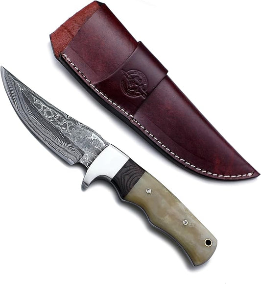 Handmade Damascus Steel Knife for Hunting,Survival,Camping,Bushcraft and Fishing Fixed Blade Dagger with Drop point Full Tang Micarta Handle, Leather Sheath - WKD-791