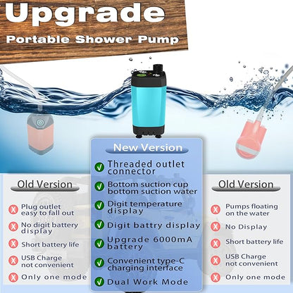 Portable Camping Shower Pump for Traveling: Water Pump with 6000mA Rechargeable Battery & Bucket for Family Camping Trip