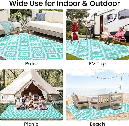Smiry Waterproof Outdoor Rug 9x12 ft, Reversible Plastic Straw Patio Camping Rugs, Outdoor Indoor RV Mat Carpet for Patio, Outside Entry, Backyard, Deck, Bench, Picnic, Camper, White & Teal