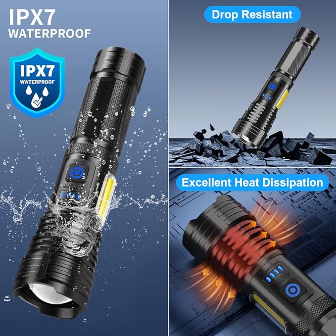 LED Rechargeable Flashlights 990000 High Lumens, Super Bright Flashlight High Power Flash Light with 7 Modes, 15H Running Time, IPX7 Waterproof Handheld Flashlight for Home Camping