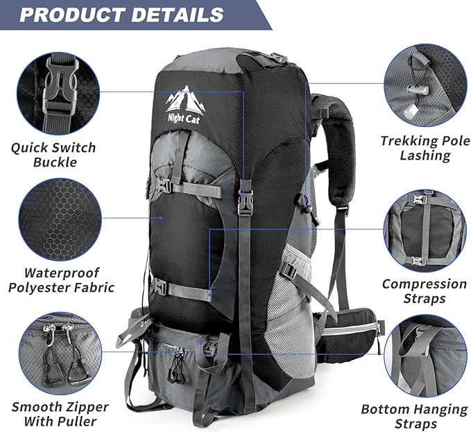 Night Cat Hiking Backpacks 70L Camping Backpacking Packs for Men Women Lightweight Outdoor for Mountaineering Traveling, No Internal Frame