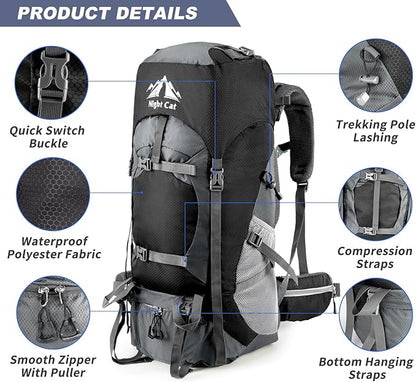 Night Cat Hiking Backpacks 70L Camping Backpacking Packs for Men Women Lightweight Outdoor for Mountaineering Traveling, No Internal Frame