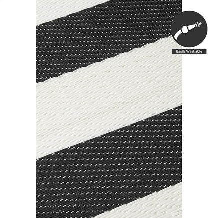 FH Home Outdoor Rug - Waterproof, Fade Resistant, Reversible - Premium Recycled Plastic - Striped - Large Patio, Deck, Sunroom, Camping, RV - Brittany Stripe - Black & White Crease Free - 6 x 9 ft