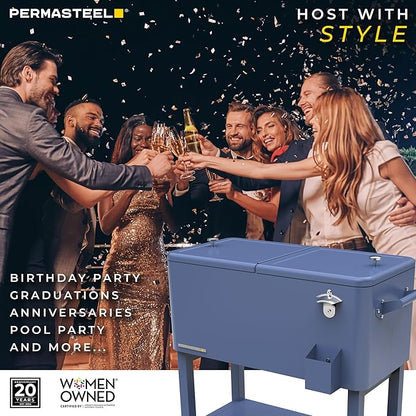Permasteel 80-Qt Outdoor Patio Cooler with Removable Basin, Outside Beverage Cooler Cart, Rolling Cooler with Wheels and Handles, Azure Blue