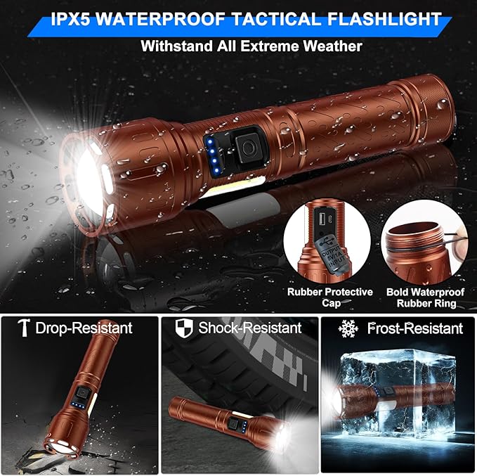 Rechargeable Magnetic Flashlights 100,000 High Lumens, Super Bright LED Powerful Flashlight 8 Modes with COB Work Light, Waterproof Handheld Flash Light for Camping (1 Pack with Paper Box, Brown)