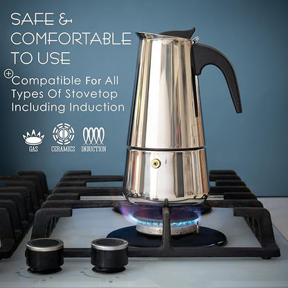 Mixpresso 6 Cup Greca Stovetop Espresso Maker, Moka Coffee Pot with Percolator Design, Stainless Steel Italian Coffee Maker, 300ml/10oz