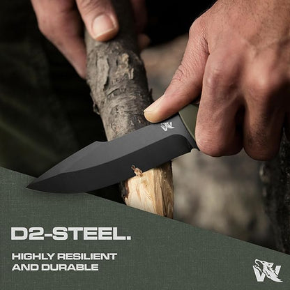 WOLF-I Full Tang Survival Knife with Sheath - Stylish Tactical Fixed Blade Knife - Made of D2 Steel - Bushcraft and Camping Knife Survival - Perfect EDC Outdoor Knife with TPE Handle