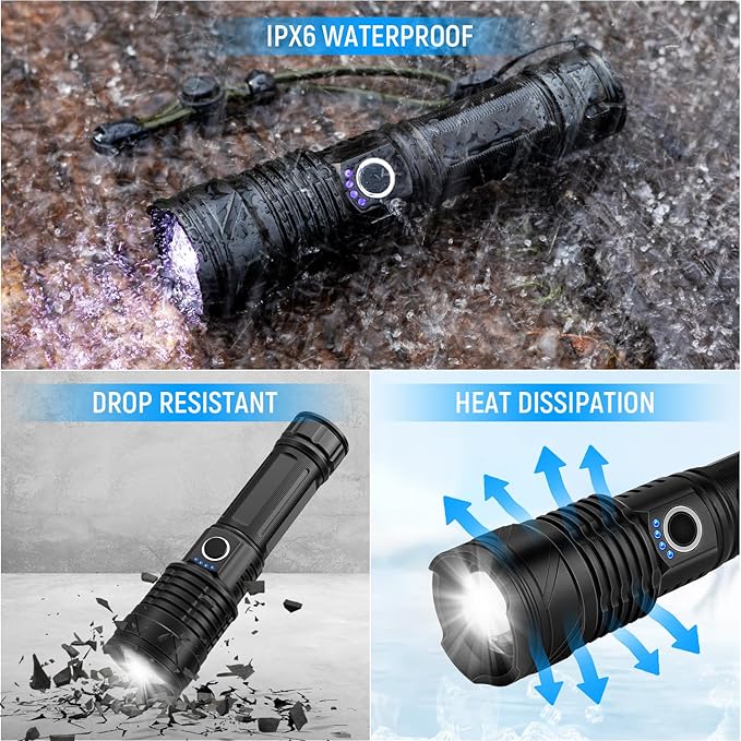 Rechargeable LED Flashlights High Lumens(ΒATTERY Included), 990,000 Lumens Super Bright Flashlight, Powerful Waterproof Flash Light Multifunctional Flashlights for Home Camping