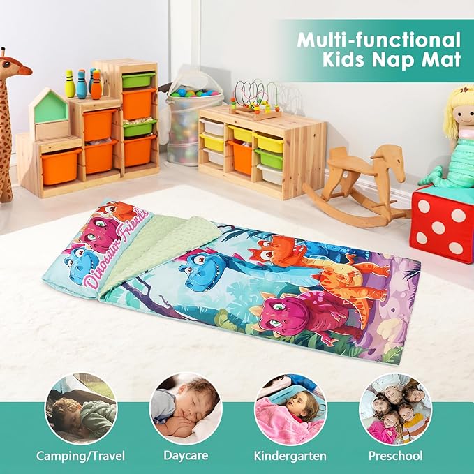 Kids Sleeping Bag Toddler Nap Mat with Removable Pillow, Large Foldable Sleeping Bag for Girls Boys, Easy Clean Slumber Bag with Double Zip for Camping School Preschool Daycare, 59×24 inch