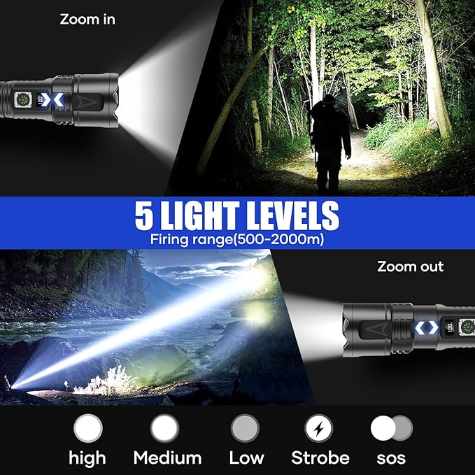 Rechargeable LED Flashlights, High Lumens Flash Lights, Tactical Zoomable Flashlight with Battery Included & 5 Modes, Super Bright Waterproof Flashlight for Emergencies, Camping, Hiking
