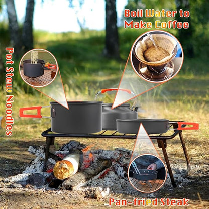 12pcs Camping Cooking Set, Camping Pots and Pans Set with Kettle Compass Hook Flint Plastic Bowls and Soup Spoon for Camping, Backpacking, Hiking, Outdoor Cooking and Picnic